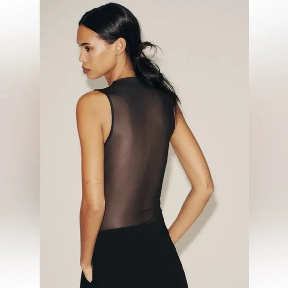 NWT Zara Sheer Tulle Draping Fabric High Neck Sleeveless Black Bodysuit Size XS - Picture 4 of 12